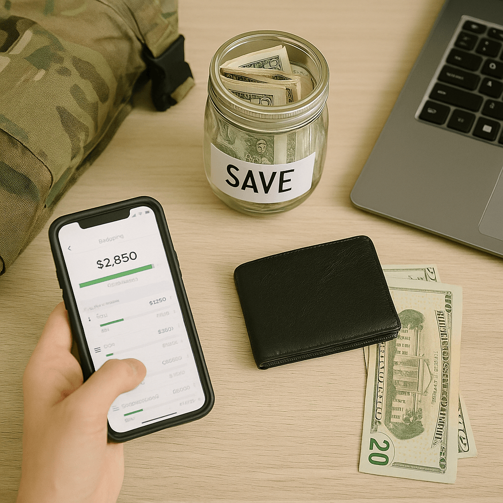 Hand holding a smartphone with a budget app next to cash, wallet, and savings jar, representing smart money management for soldiers.