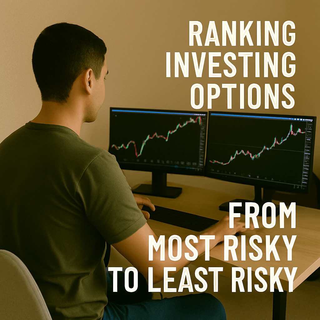 Soldier researching investment options on dual computer screens with rising stock charts — representing ranking investments from most risky to least risky