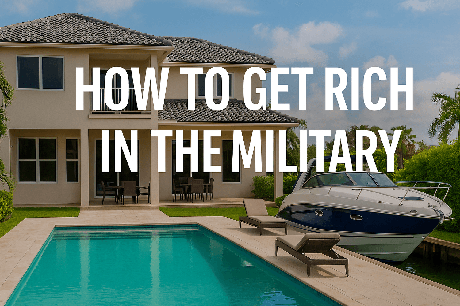 Luxury house with a swimming pool and yacht, symbolizing financial freedom and wealth — text overlay reads “How to Get Rich in the Military