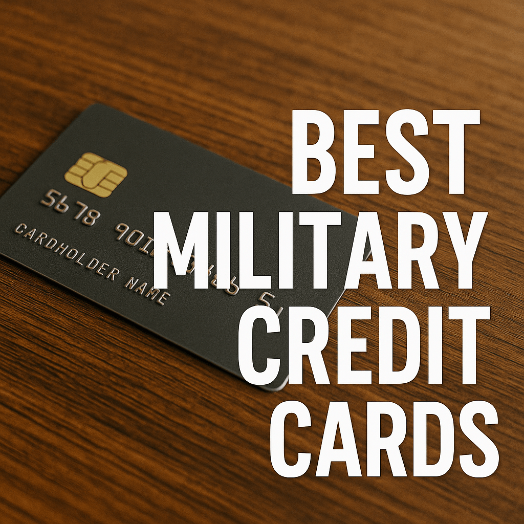 Best military credit cards — black credit card on wooden desk with text overlay
