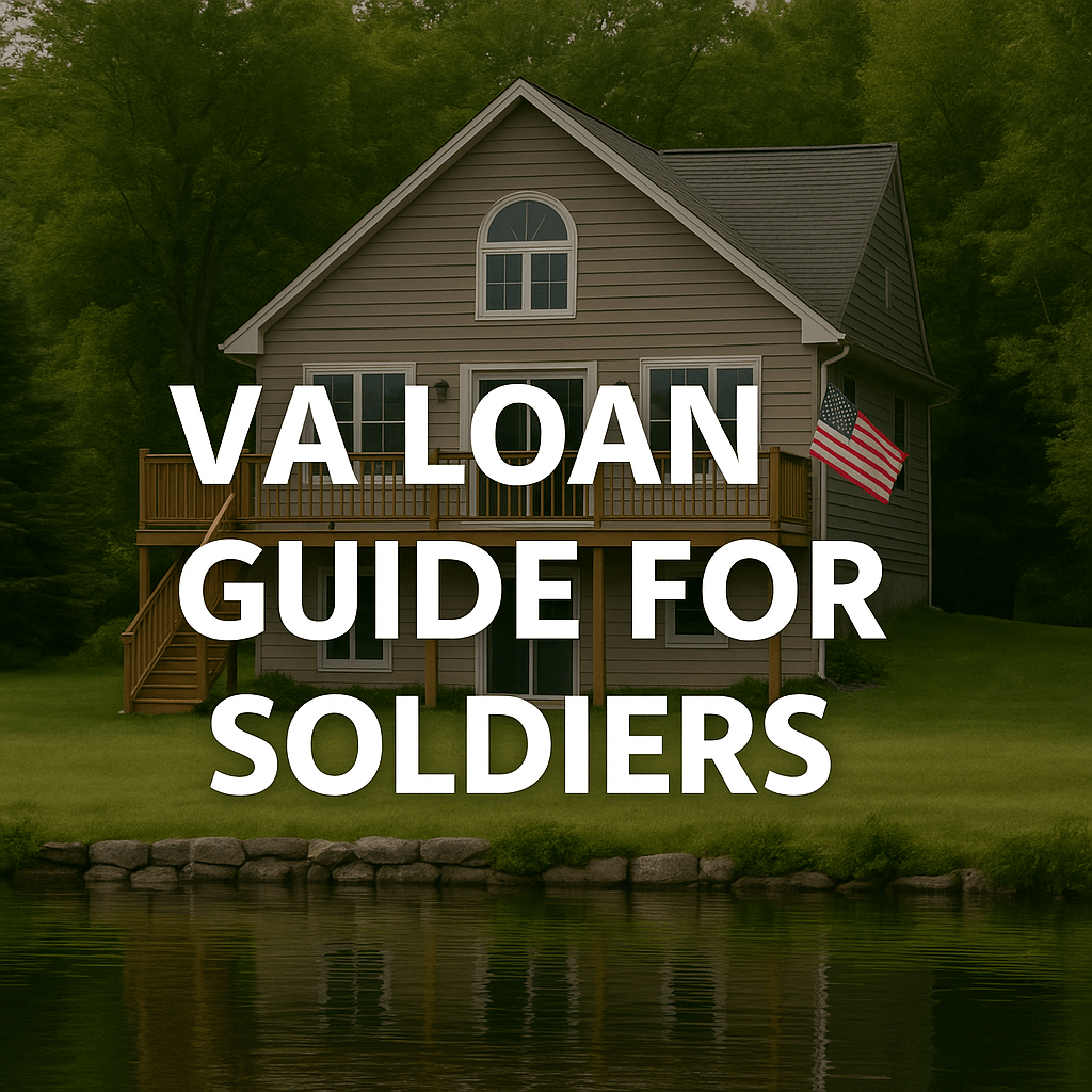 VA loan guide for soldiers — house with American flag and lake view