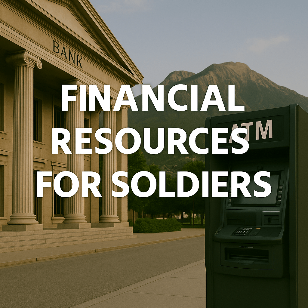 Modern bank building with clear signage in a suburban setting, symbolizing financial resources and trusted money tools for soldiers.
