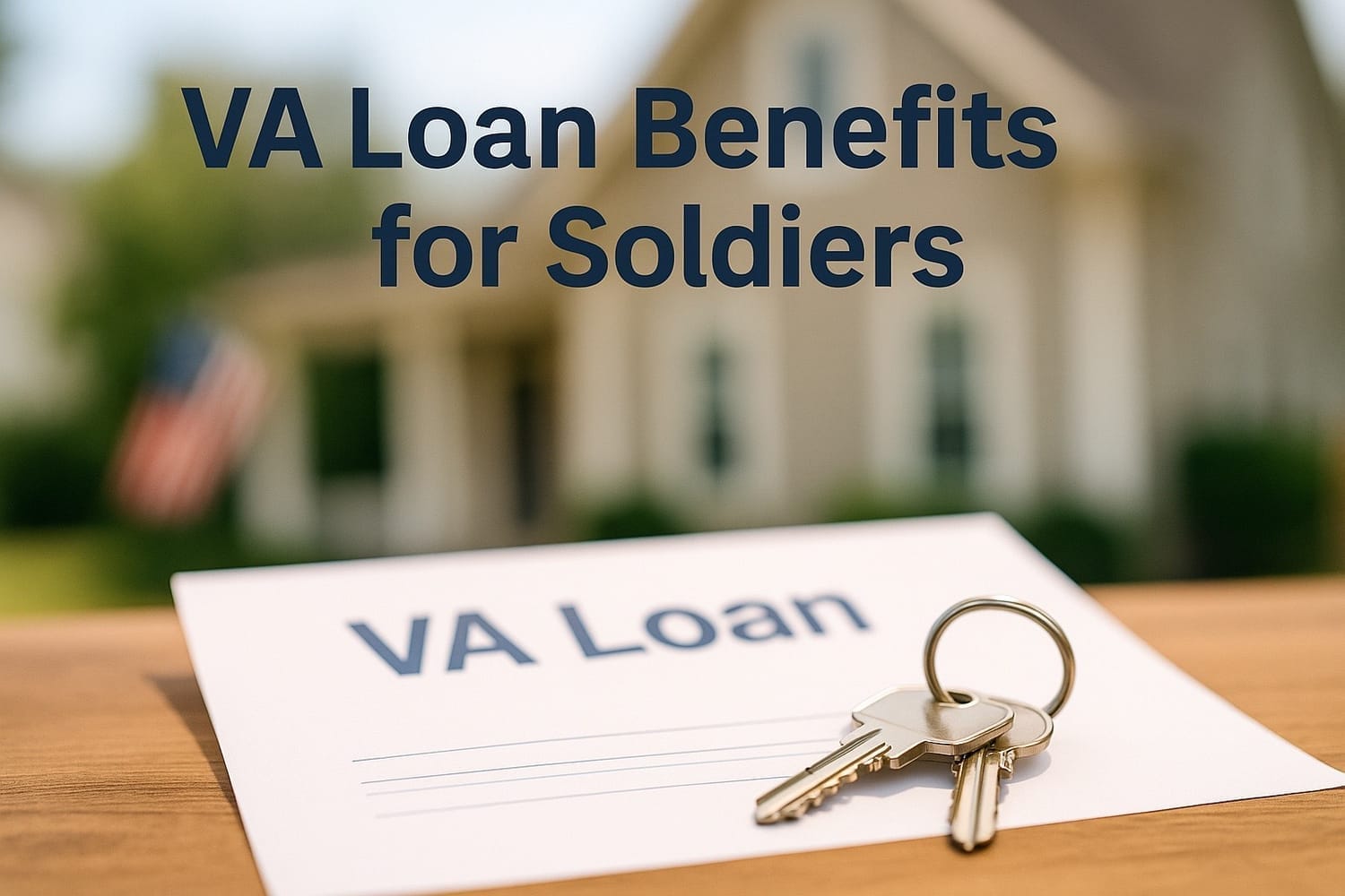 House keys resting on a VA Loan document with an American flag and home in the background. Text overlay reads “VA Loan Benefits for Soldiers.