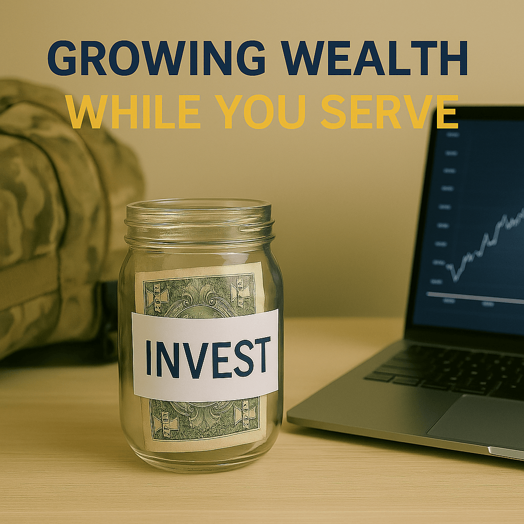 Category image for Growing Wealth While You Serve. A glass jar labeled “Invest” filled with cash sits on a desk beside a laptop showing a rising stock chart, with a military backpack in the background. Text above reads: “Growing Wealth While You Serve” in navy and gold.