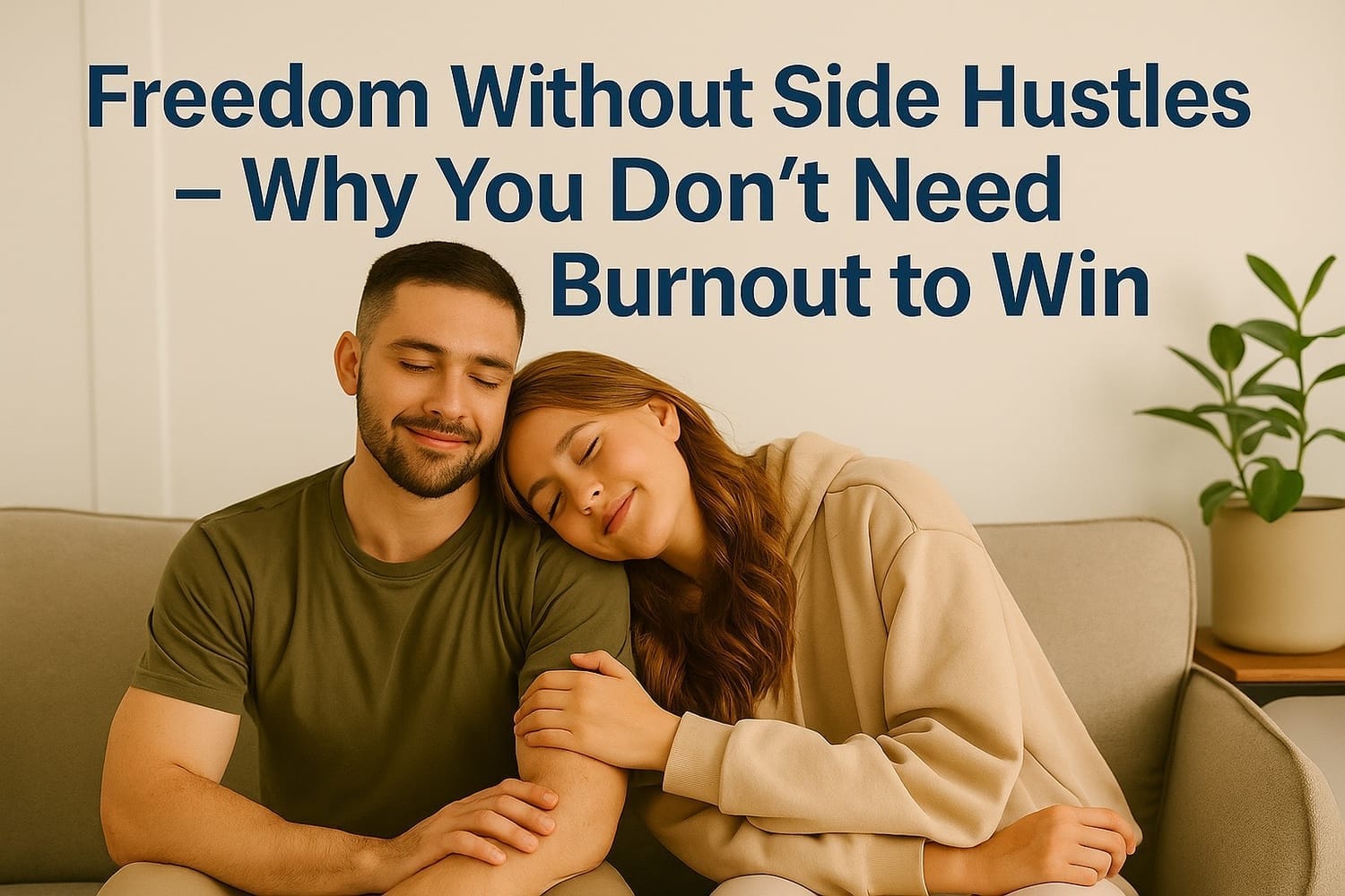Young couple relaxing together on a couch with peaceful smiles, symbolizing financial freedom without side hustles — text overlay reads “Freedom Without Side Hustles Why You Don’t Need Burnout to Win.