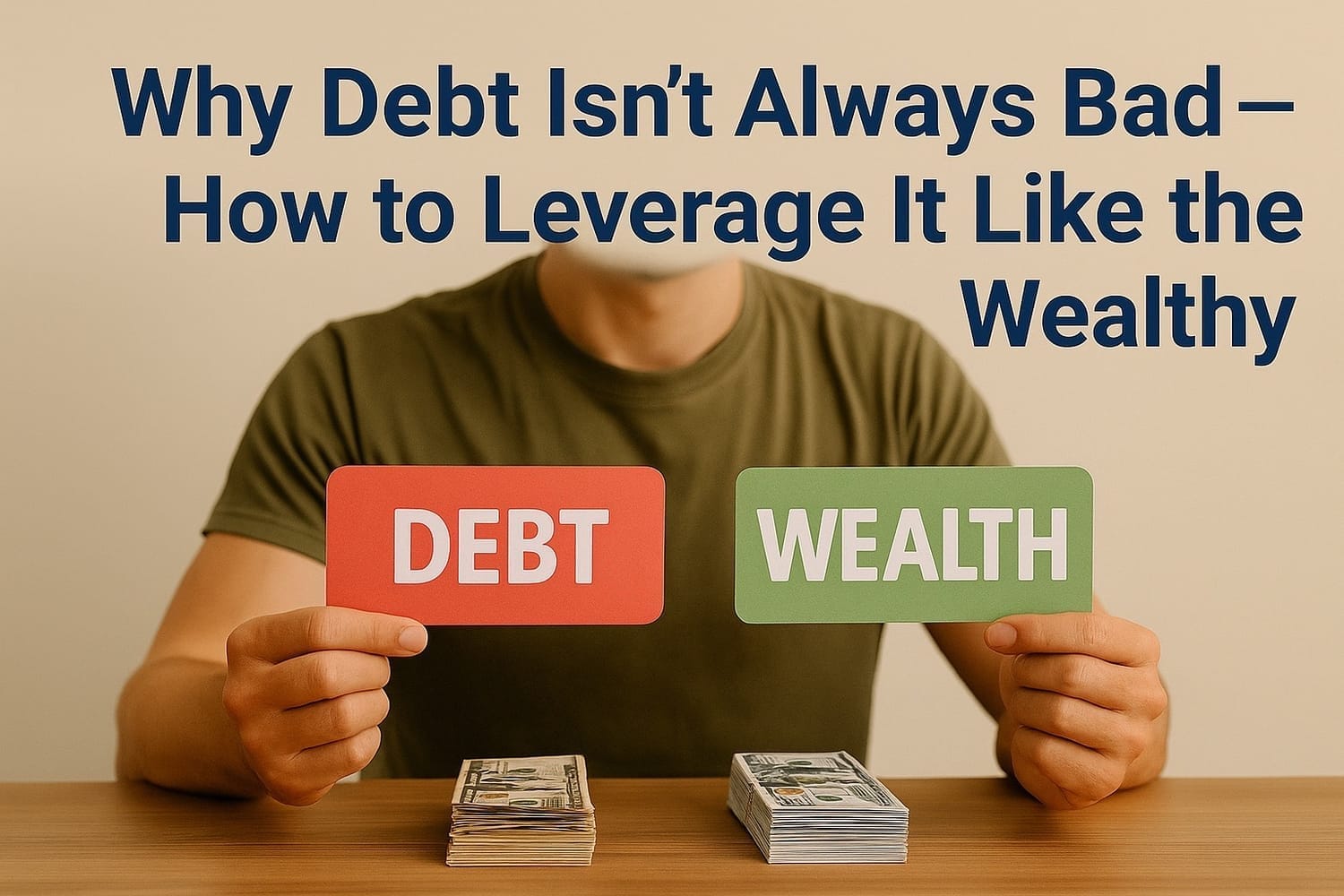 Soldier holding two cards labeled Debt and Wealth with stacks of cash on the table, illustrating how to leverage debt wisely for financial growth.