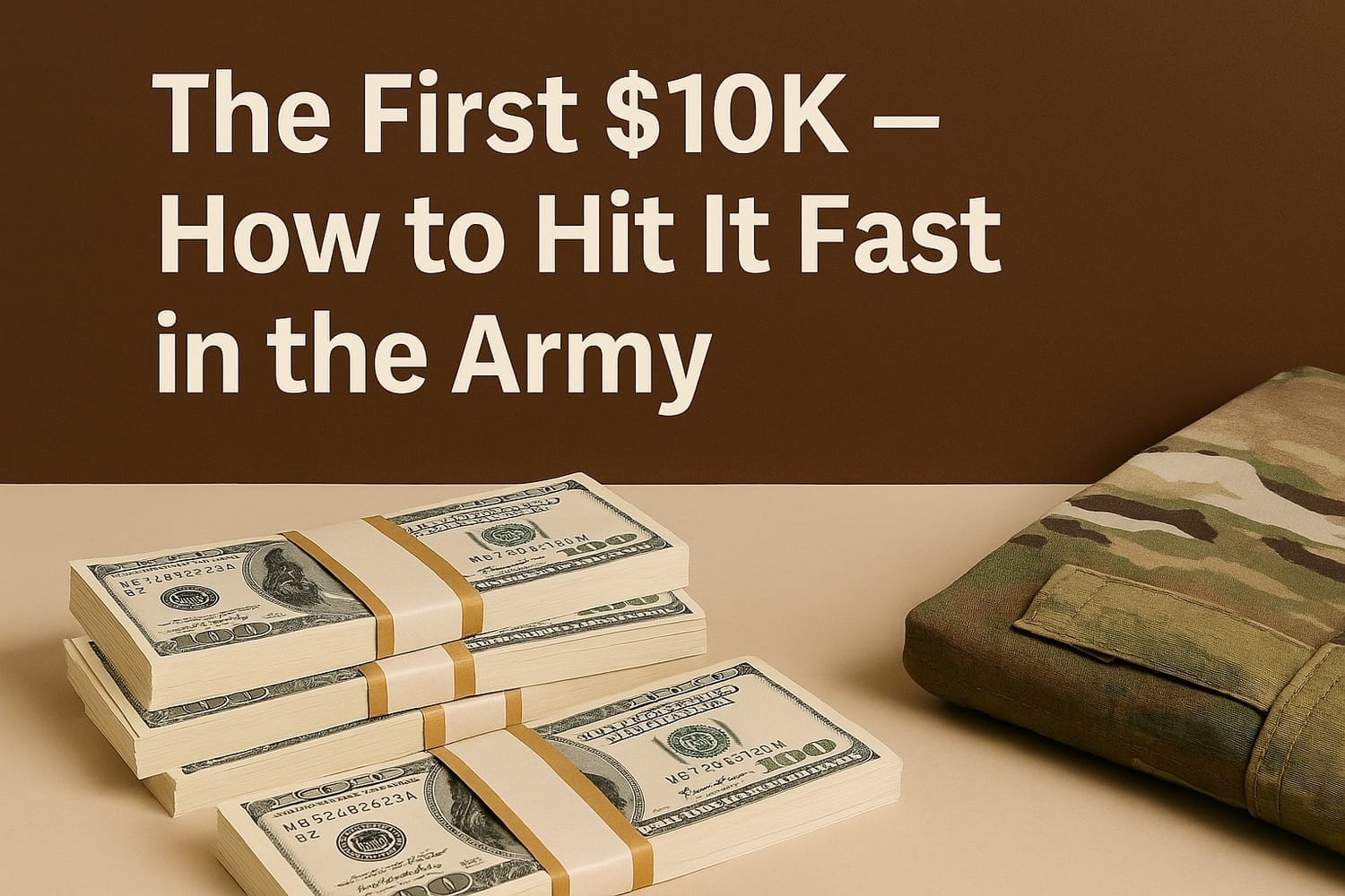 Stacks of U.S. hundred-dollar bills next to folded Army camouflage uniform with text “The First $10K — How to Hit It Fast in the Army