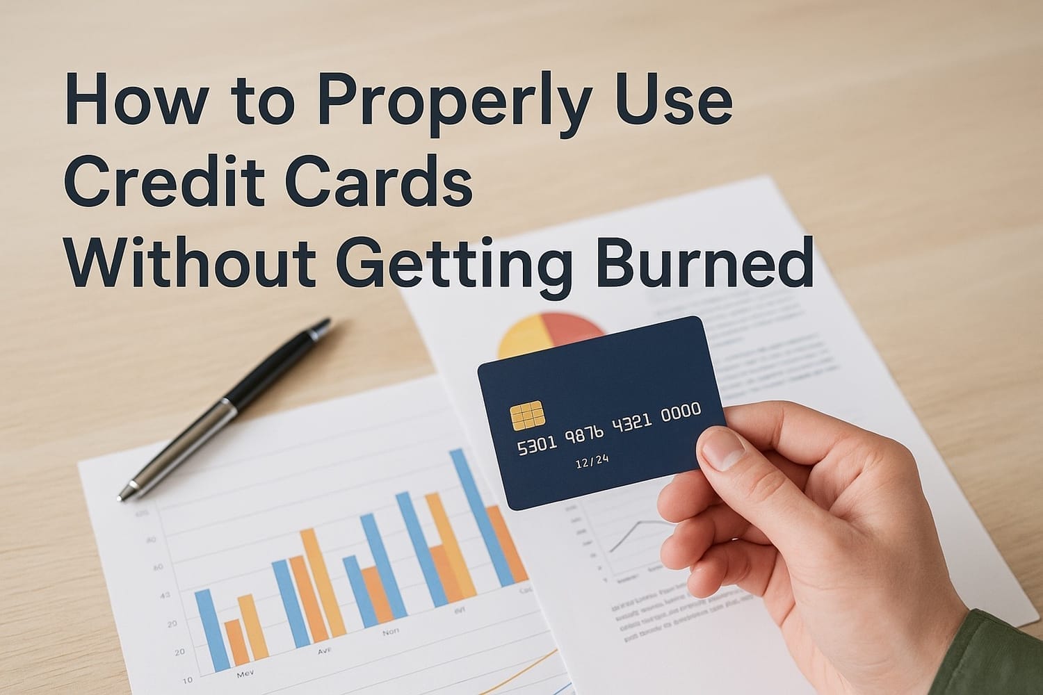 Person holding a blue credit card above financial charts with the text “How to Properly Use Credit Cards Without Getting Burned.