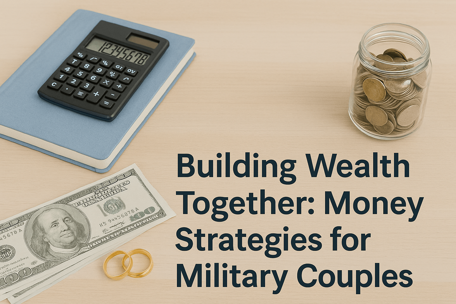 Calculator, jar of coins, dollar bill, and wedding rings on a table with text “Building Wealth Together: Money Strategies for Military Couples