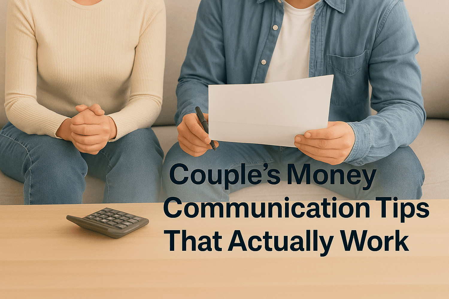 Couple sitting together discussing finances with a calculator and paperwork, with text “Couple’s Money Communication Tips That Actually Work