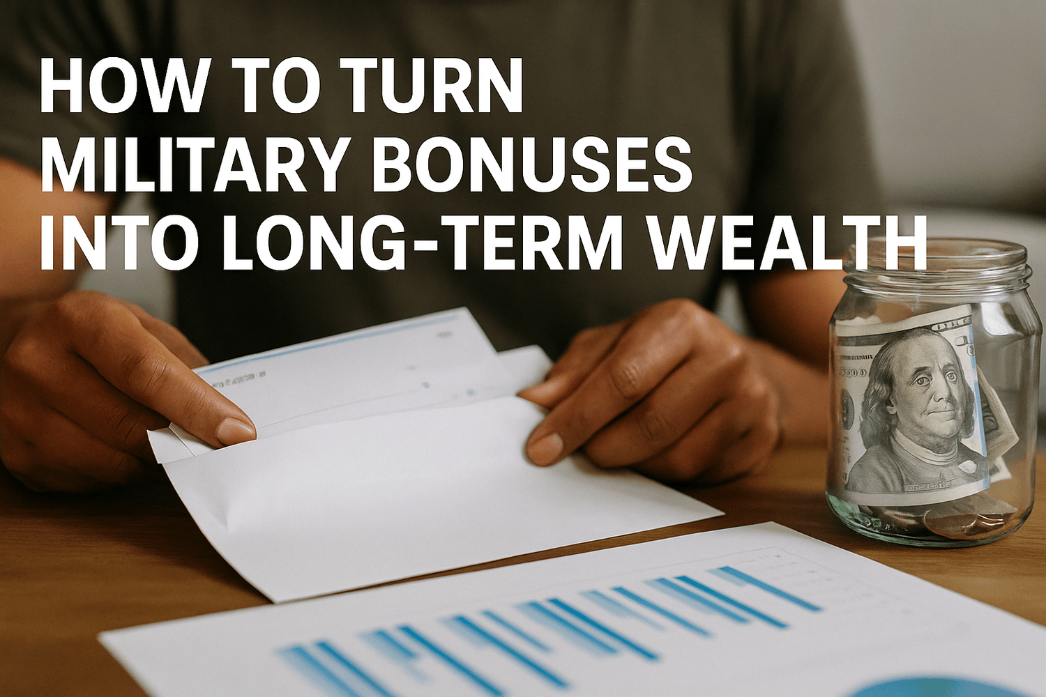 Soldier handling financial papers with a jar of cash on the table, with text “How to Turn Military Bonuses into Long-Term Wealth.