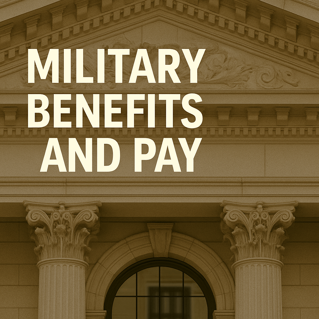 Front of a classical government building with pillars, symbolizing military pay, benefits, and financial support programs.