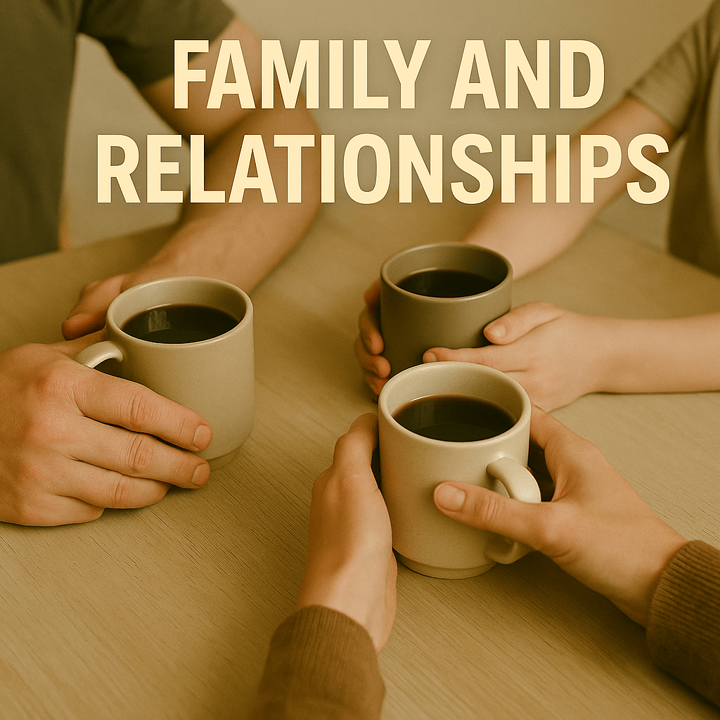 Family members holding coffee mugs together at a table, symbolizing military family money conversations and relationships.