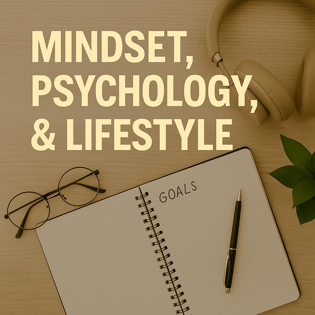 Notebook with the word “Goals,” glasses, and headphones on a desk symbolizing mindset, lifestyle, and financial discipline.