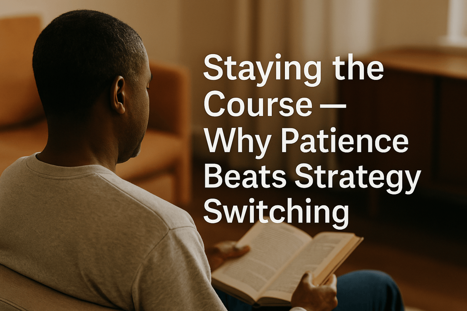 Man sitting indoors reading a book, symbolizing patience and discipline. Text overlay reads: Staying the course, why patience beats strategy switching in investing.