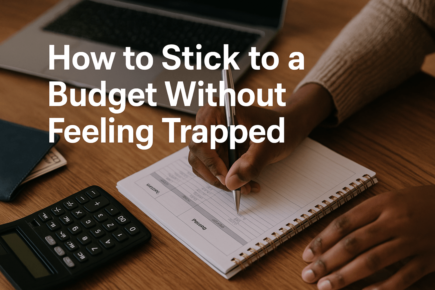 Close-up of a person writing in a budget notebook with a calculator, money, and laptop on the desk. Text overlay reads: How to stick to a budget without feeling trapped.