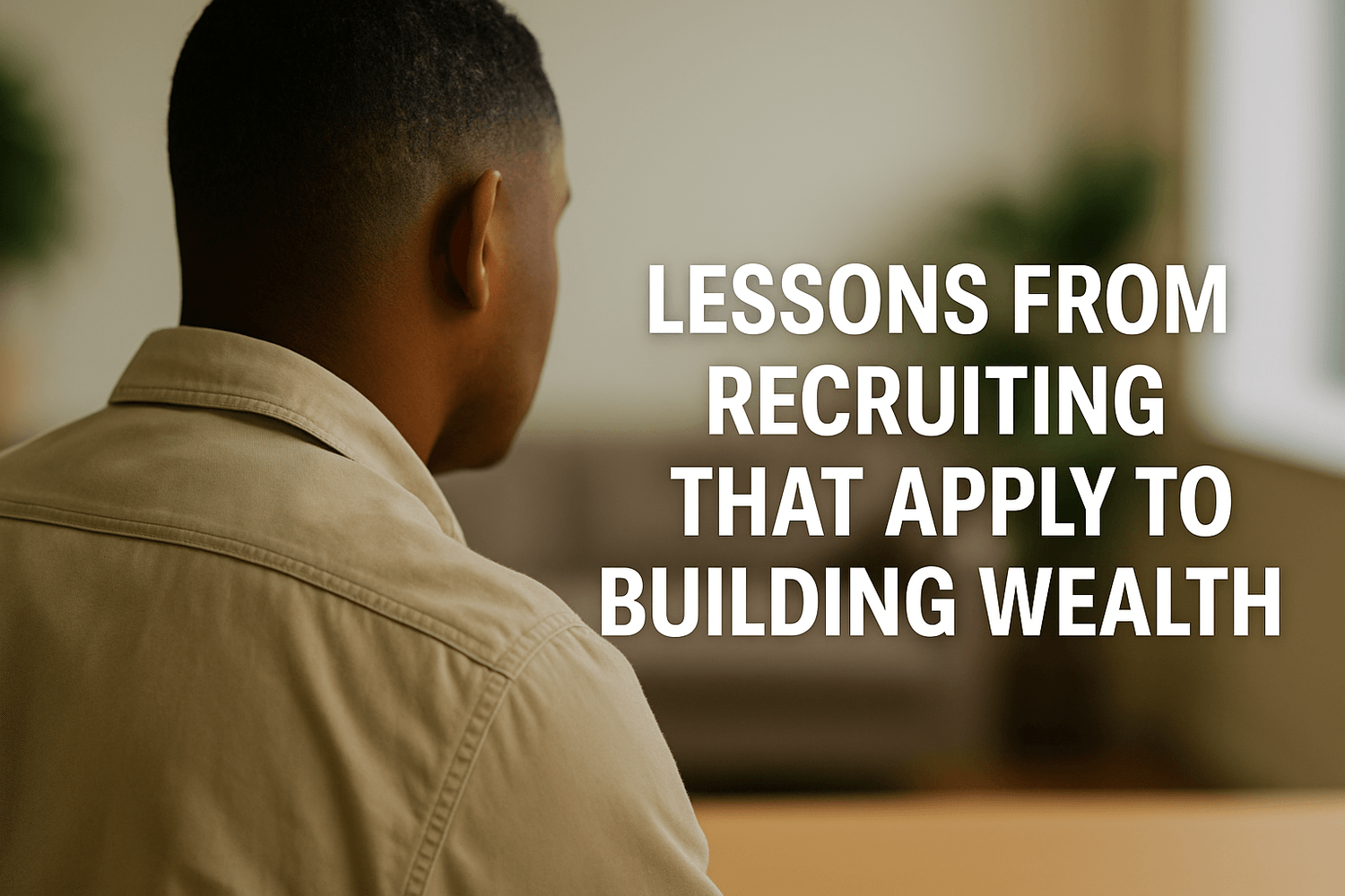 Man in a tan shirt sitting indoors, viewed from behind. Text overlay reads: Lessons from recruiting that apply to building wealth.