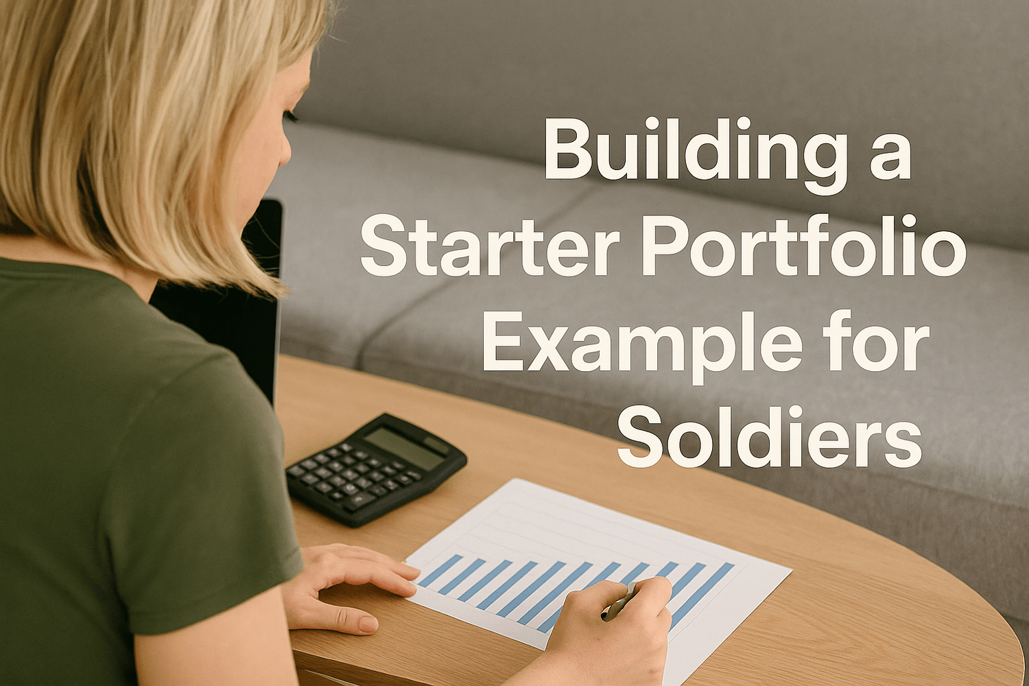 Person reviewing a bar graph chart with a calculator and laptop nearby. Text overlay reads: Building a starter portfolio example for soldiers.