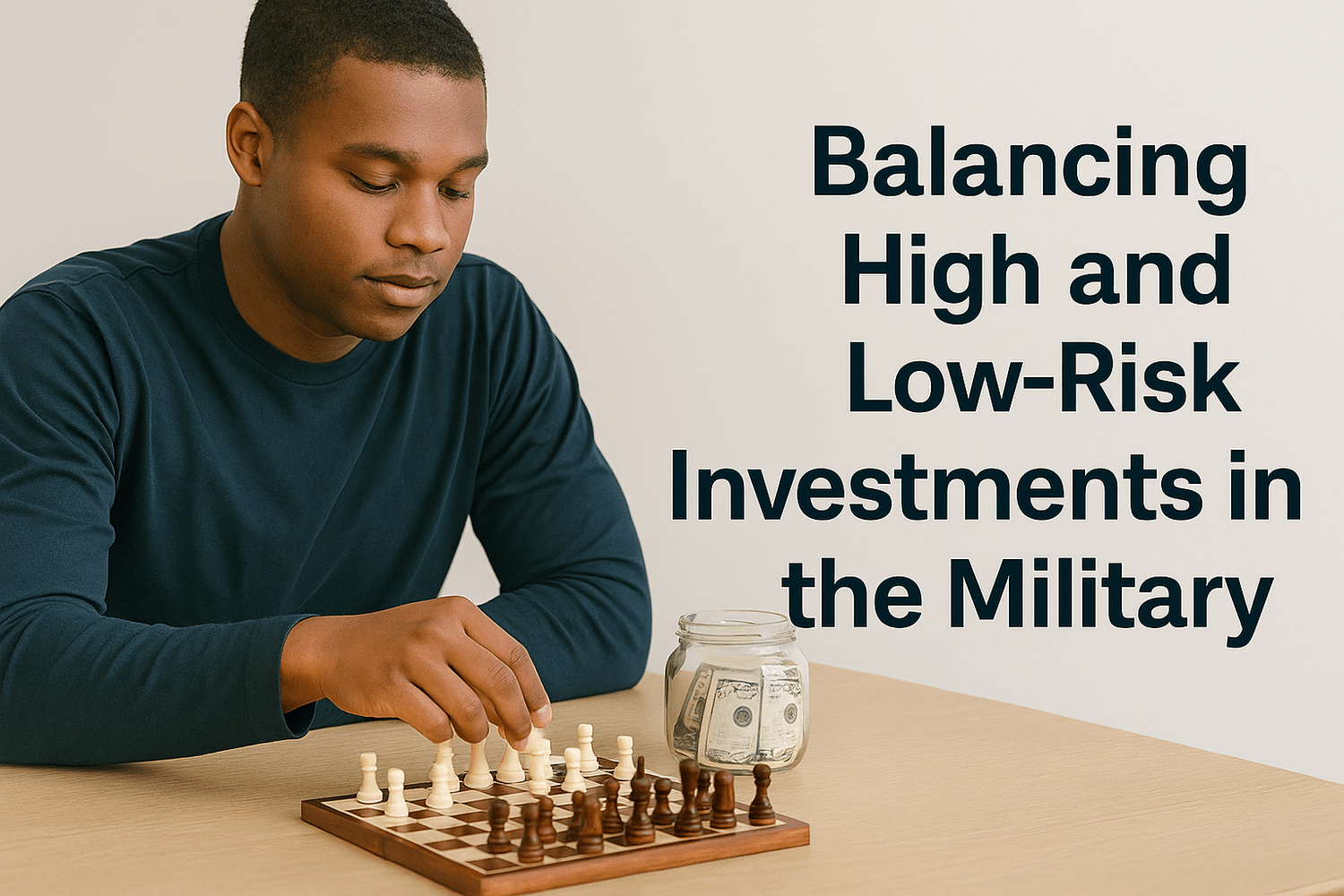 Man playing chess at a table with a jar of cash beside him, symbolizing strategy and risk management. Text overlay reads: Balancing high and low-risk investments in the military.