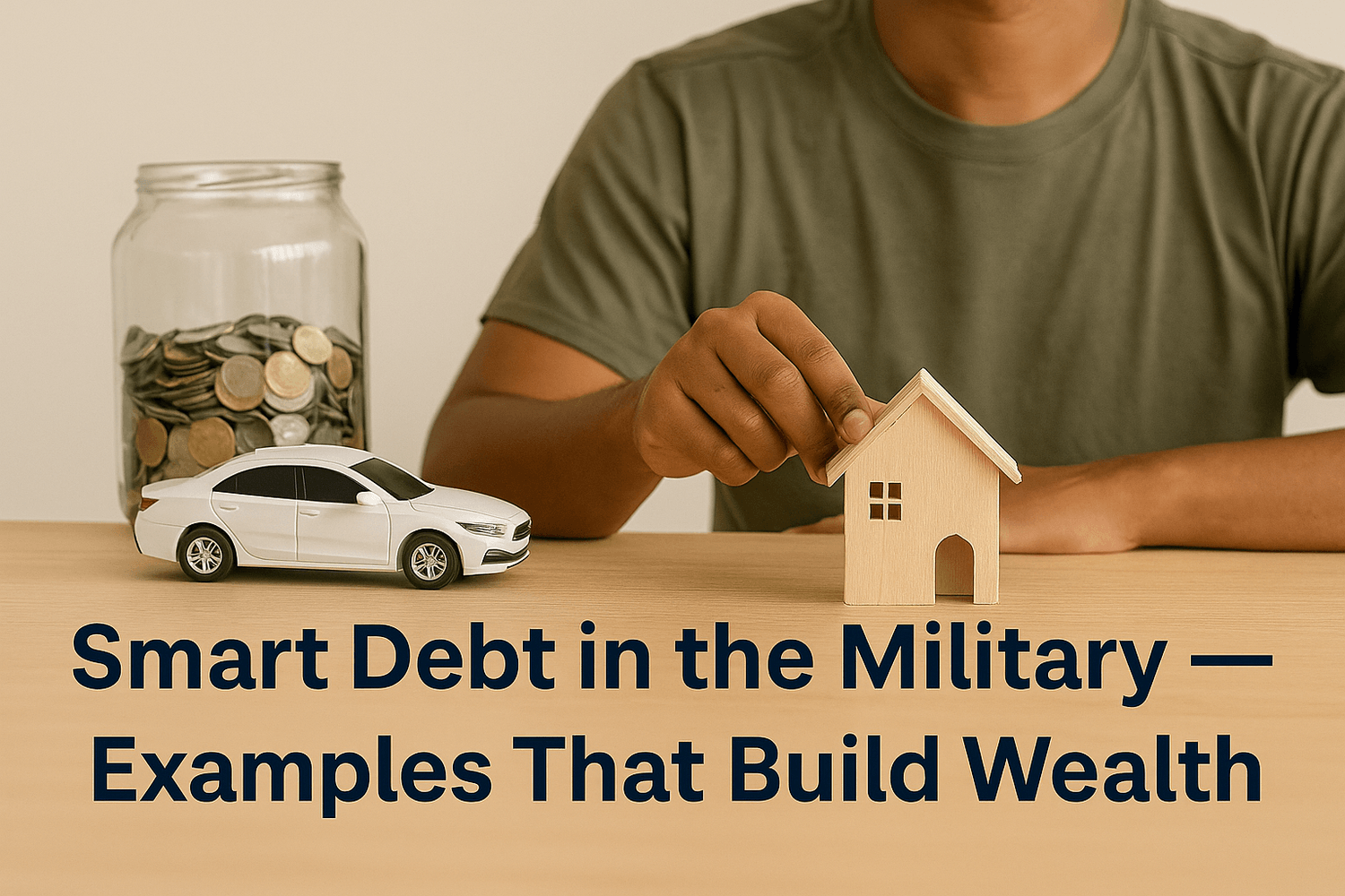 Person at a table with a jar of coins, a model car, and a small wooden house symbolizing smart use of debt for assets. Text overlay reads: Smart debt in the military, examples that build wealth.