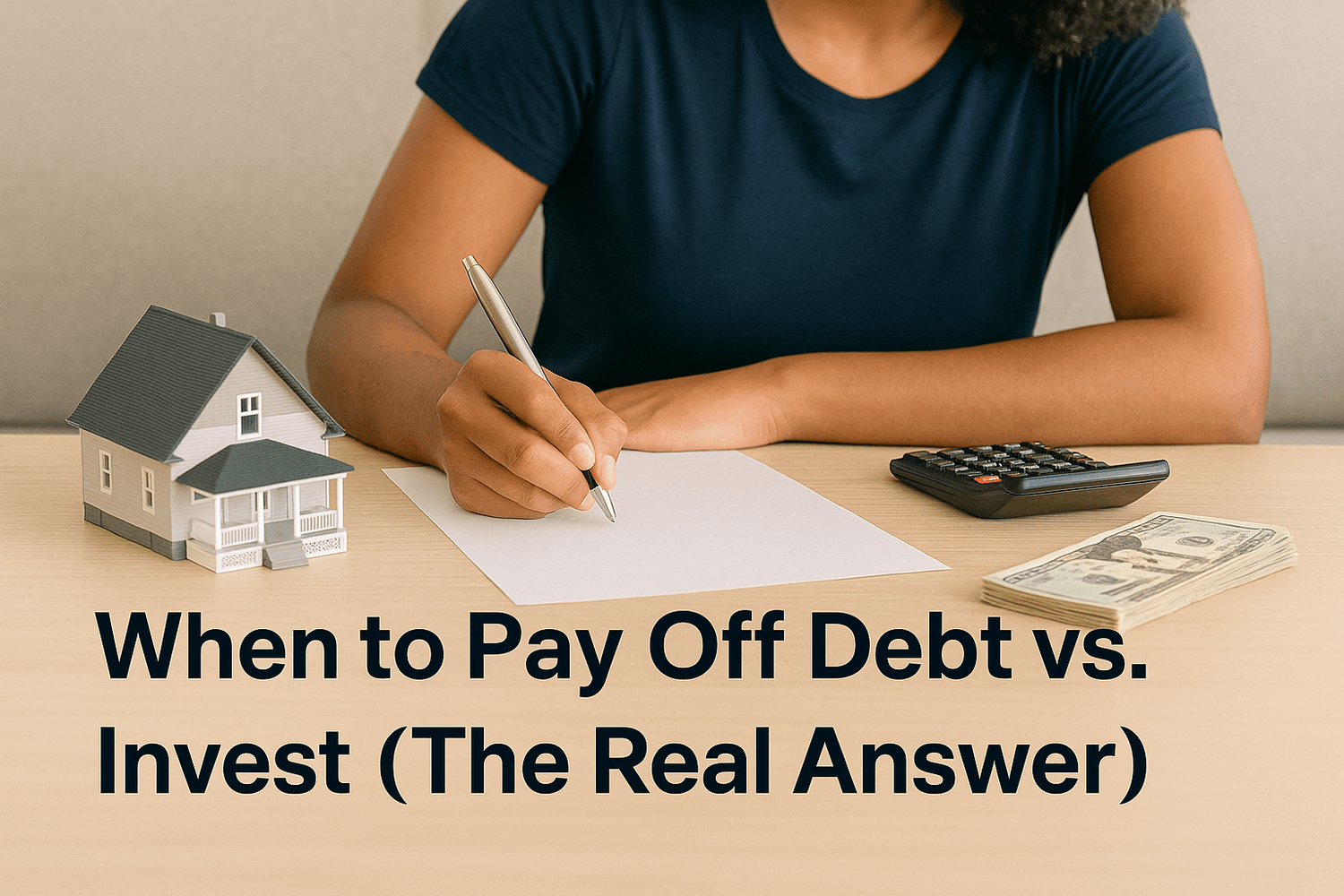Person writing on paper at a desk with a model house, calculator, and cash stack nearby. Text overlay reads: When to pay off debt vs. invest, the real answer.