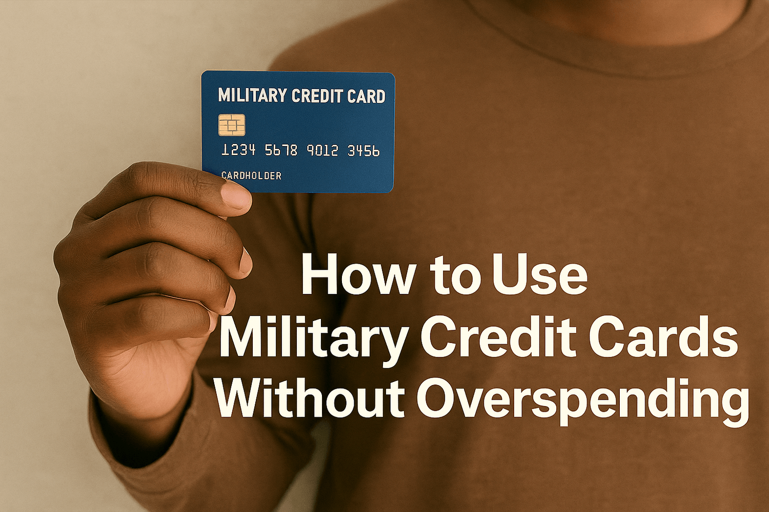 Person holding a blue card labeled Military Credit Card, representing responsible use of credit. Text overlay reads: How to use military credit cards without overspending.