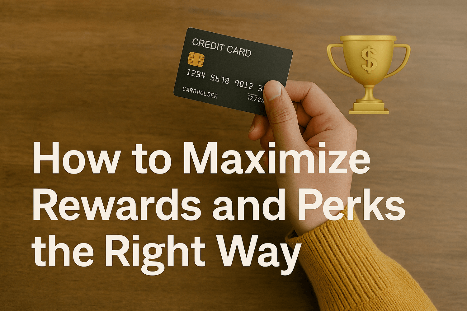 Hand holding a black credit card on a wooden table with a gold trophy icon symbolizing rewards. Text overlay reads: How to maximize rewards and perks the right way.