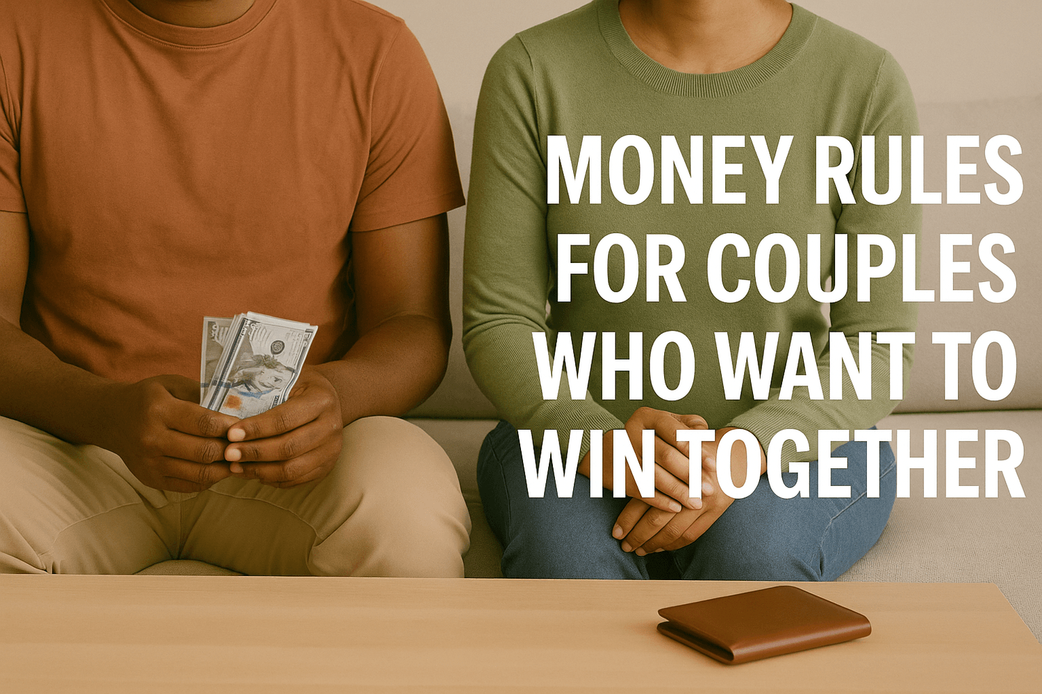 Two people sitting side by side on a couch, one holding cash with a wallet on the table in front of them. Text overlay reads: Money rules for couples who want to win together.