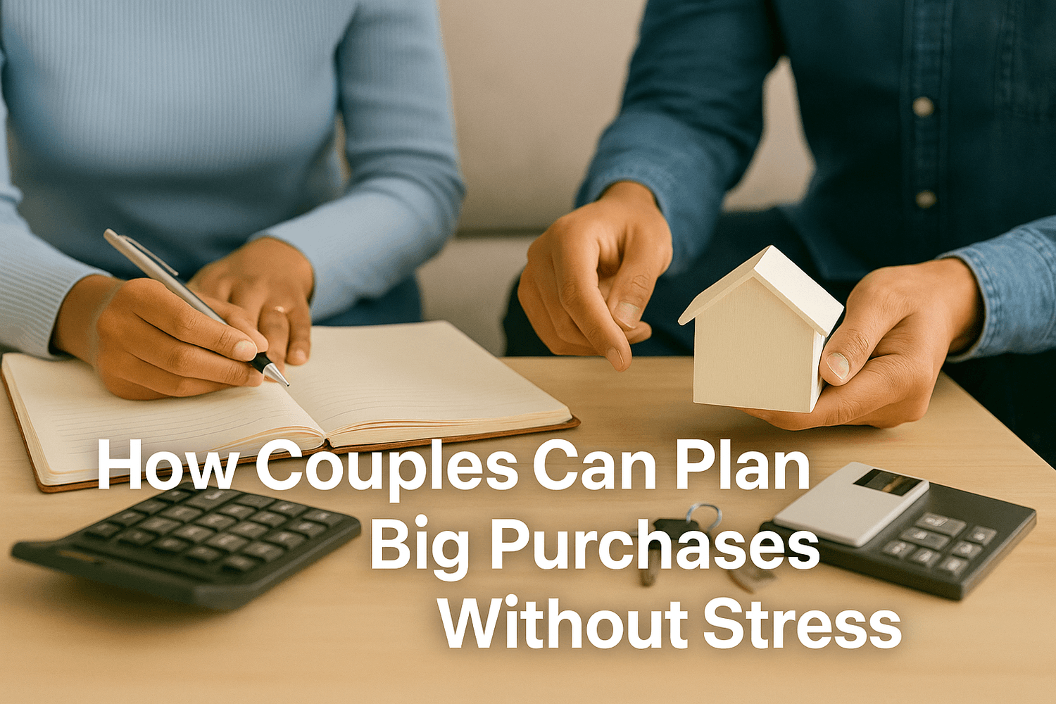 Couple sitting at a table, one writing in a notebook while the other holds a small house model with calculators nearby. Text overlay reads: How couples can plan big purchases without stress.