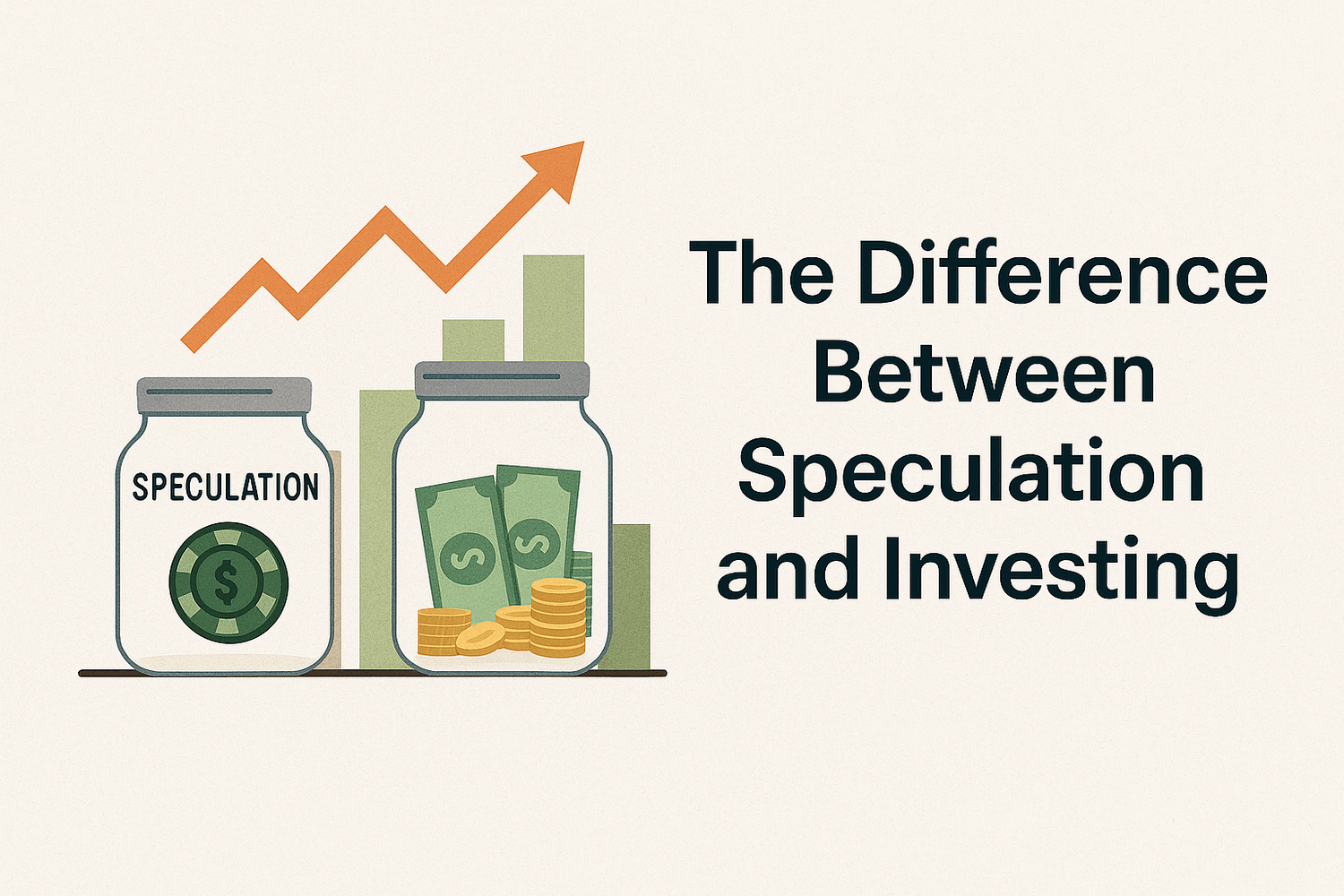 Illustration of two jars, one labeled speculation with a casino chip and the other filled with cash and coins, with a rising arrow graph in the background. Text overlay reads: The difference between speculation and investing.