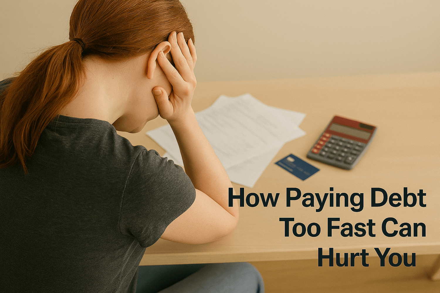 Person sitting at a desk with their head in their hand, looking at bills with a calculator and credit card nearby. Text overlay reads: How paying debt too fast can hurt you.