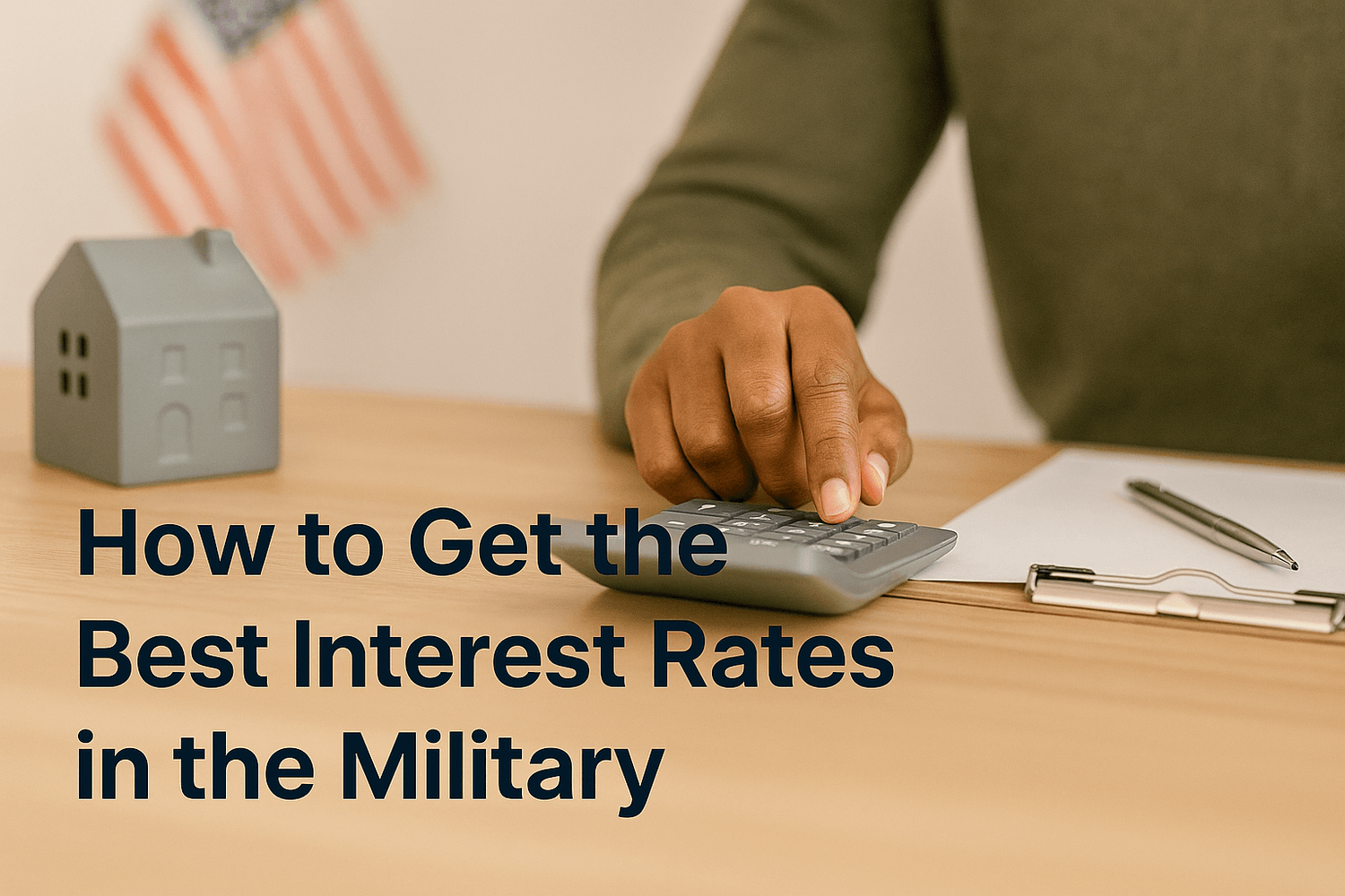 Person pressing buttons on a calculator at a desk with a small house model, pen, and U.S. flag in the background. Text overlay reads: How to get the best interest rates in the military.