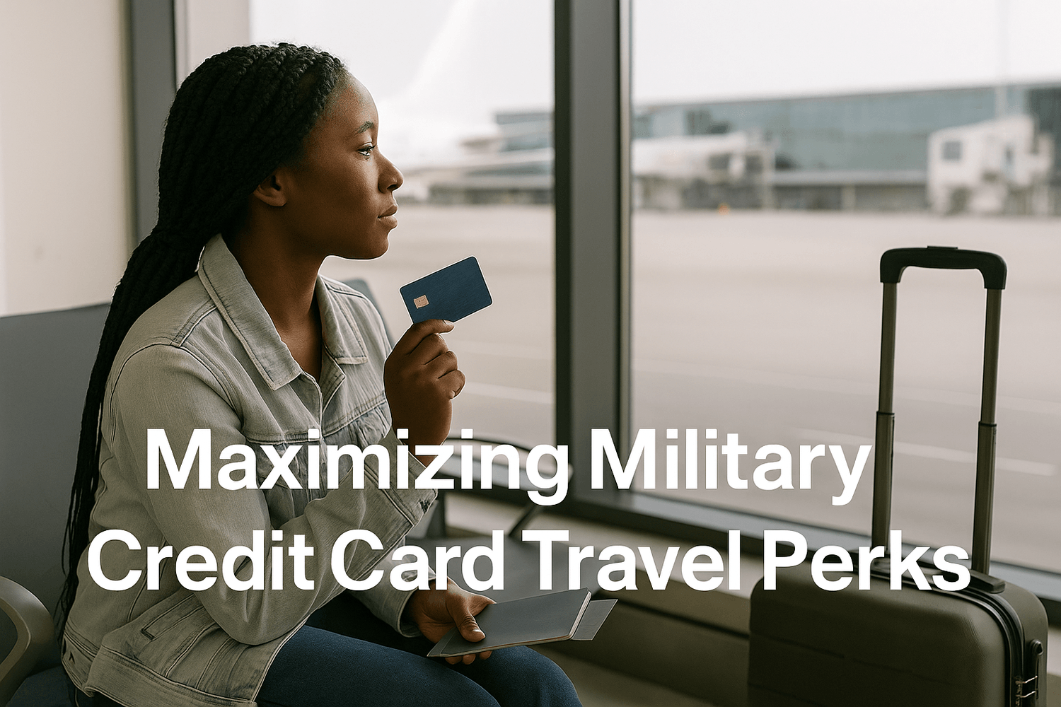 Woman sitting in an airport holding a blue credit card with luggage beside her. Text overlay reads: Maximizing military credit card travel perks.