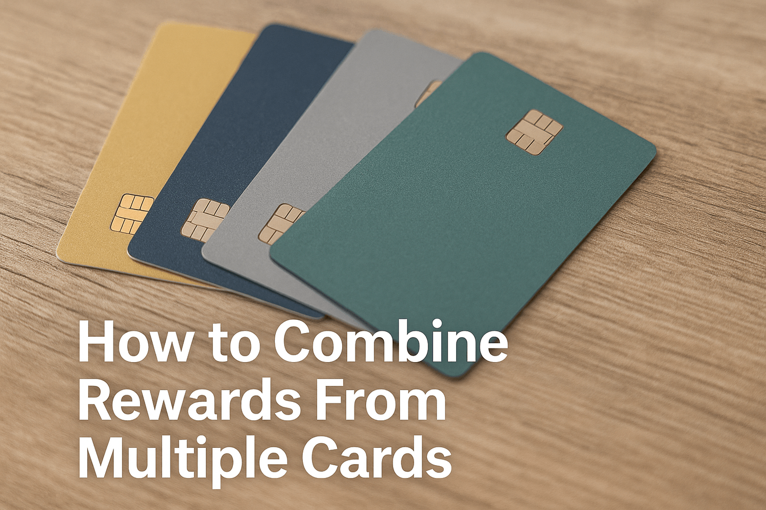 Four colorful credit cards arranged on a wooden table. Text overlay reads: How to combine rewards from multiple cards.