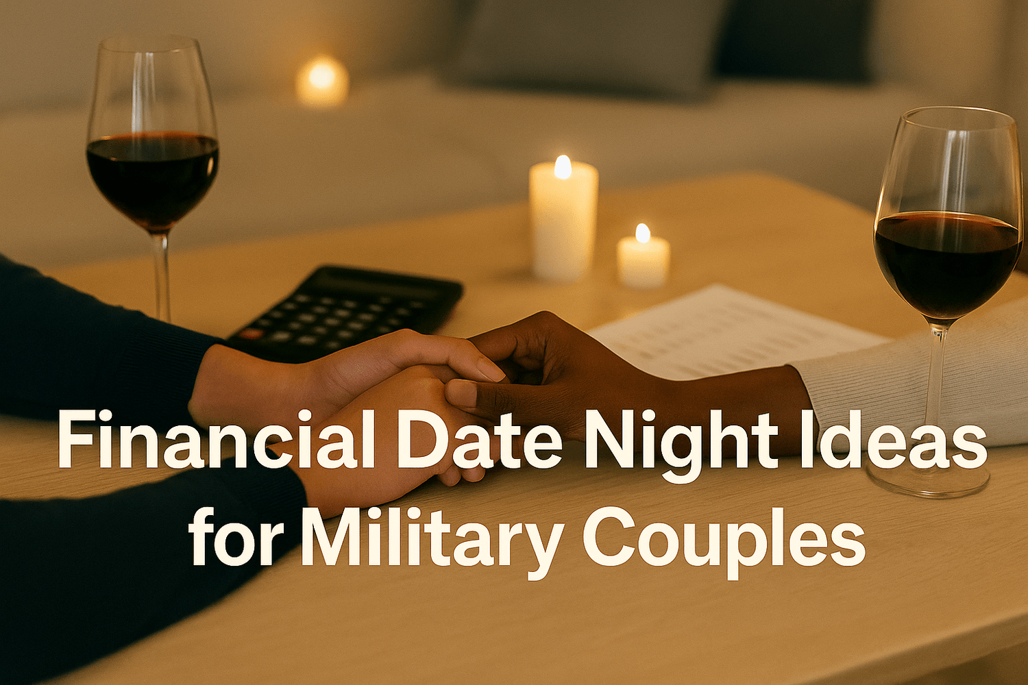 Couple holding hands across a table with wine glasses, candles, and financial papers, creating a date night atmosphere. Text overlay reads: Financial date night ideas for military couples.