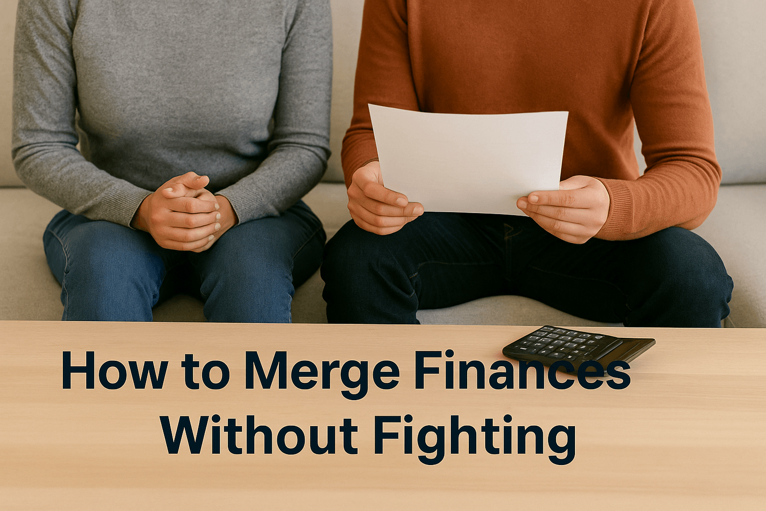 Couple sitting on a couch, one holding a sheet of paper with a calculator on the table in front of them. Text overlay reads: How to merge finances without fighting.