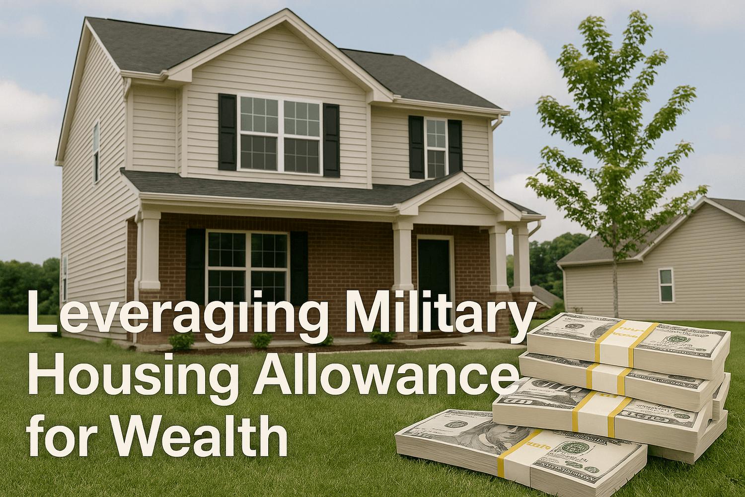 Two-story suburban house with stacks of hundred-dollar bills on the lawn. Text overlay reads: Leveraging military housing allowance for wealth.