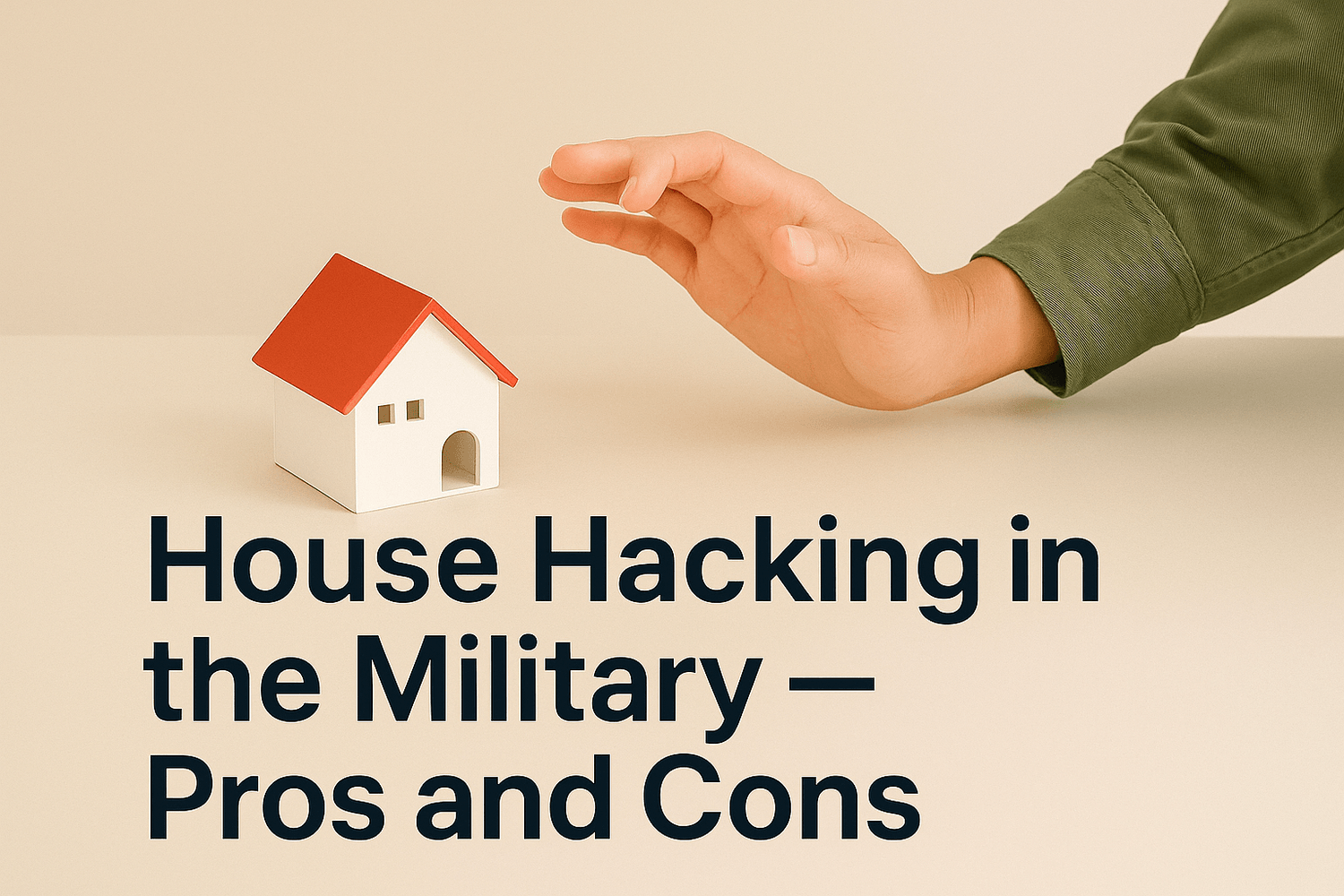 Hand reaching toward a small model house with a red roof on a table. Text overlay reads: House hacking in the military — pros and cons.