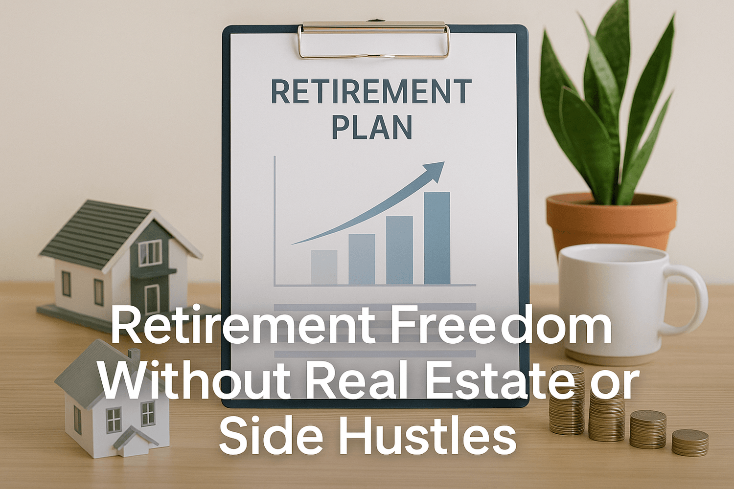Clipboard with a retirement plan growth chart, coins stacked on the table, coffee mug, and model houses. Text overlay reads: Retirement freedom without real estate or side hustles.