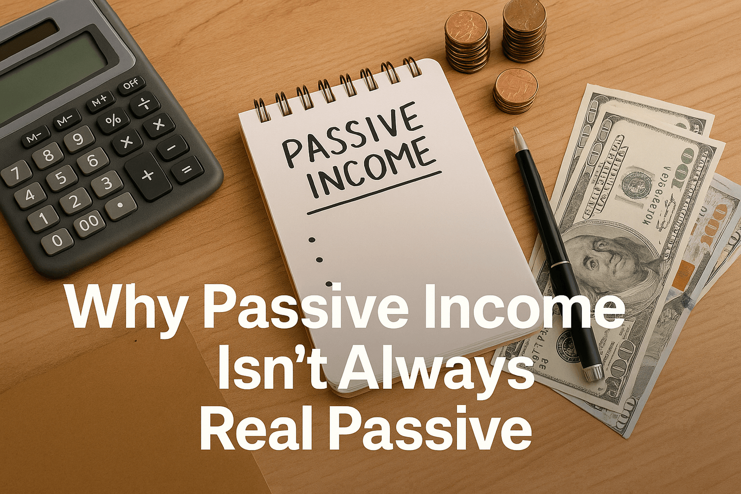 Notebook with the words “Passive Income” written on it, surrounded by a calculator, stacked coins, cash, and a pen. Text overlay reads: Why passive income isn’t always real passive.