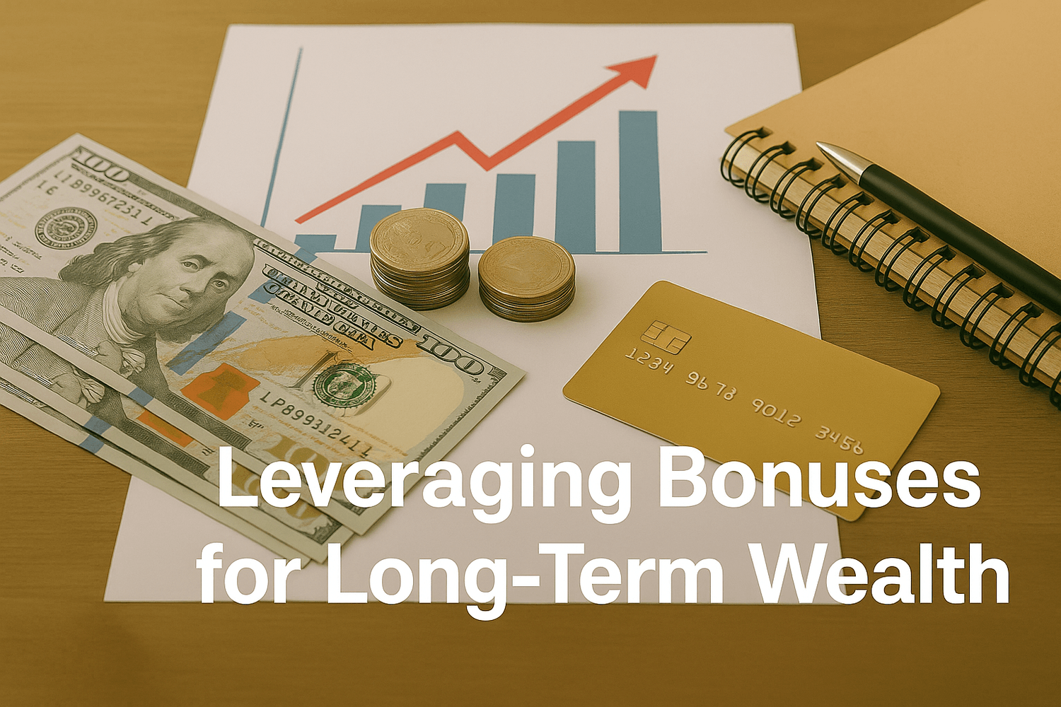 Cash, coins, and a gold credit card placed on top of a rising chart with a notebook and pen nearby. Text overlay reads: Leveraging bonuses for long-term wealth.