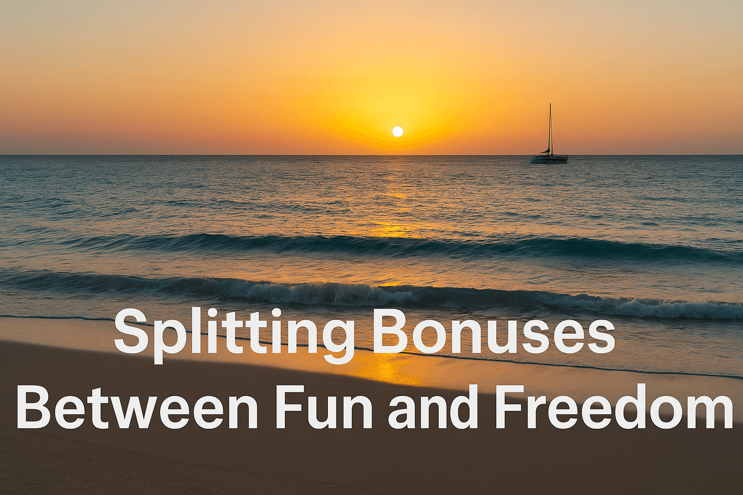 Beach sunset with a sailboat in the distance and waves reaching the shore. Text overlay reads: Splitting bonuses between fun and freedom.