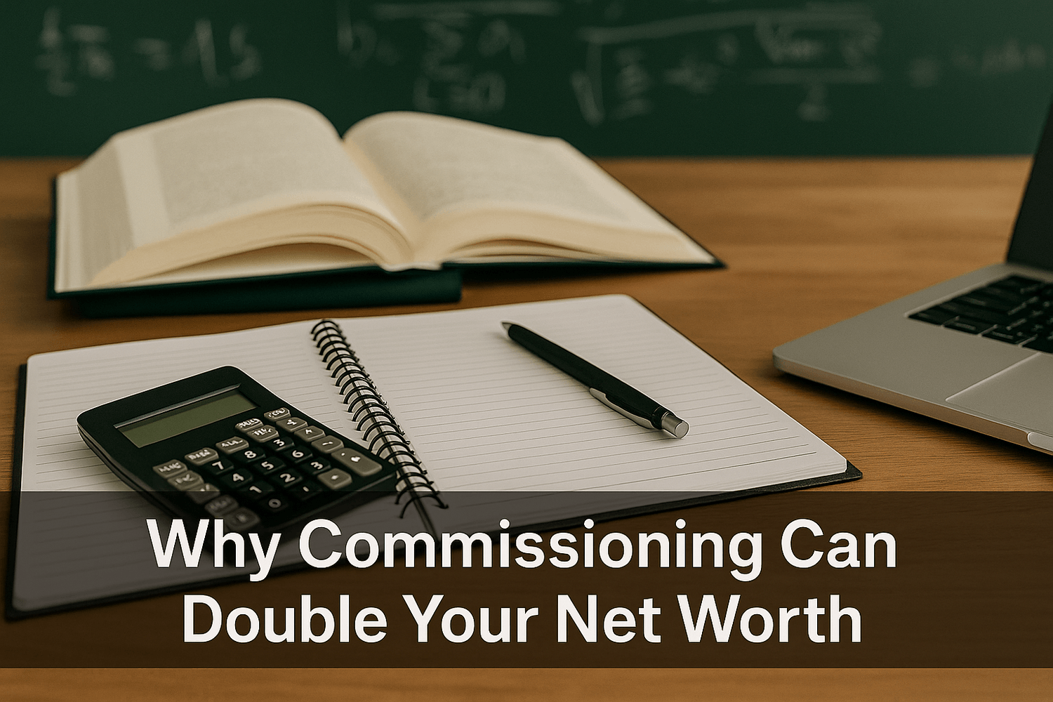 Open notebook with pen and calculator on a desk beside a laptop and textbook. Text overlay reads: Why Commissioning Can Double Your Net Worth.