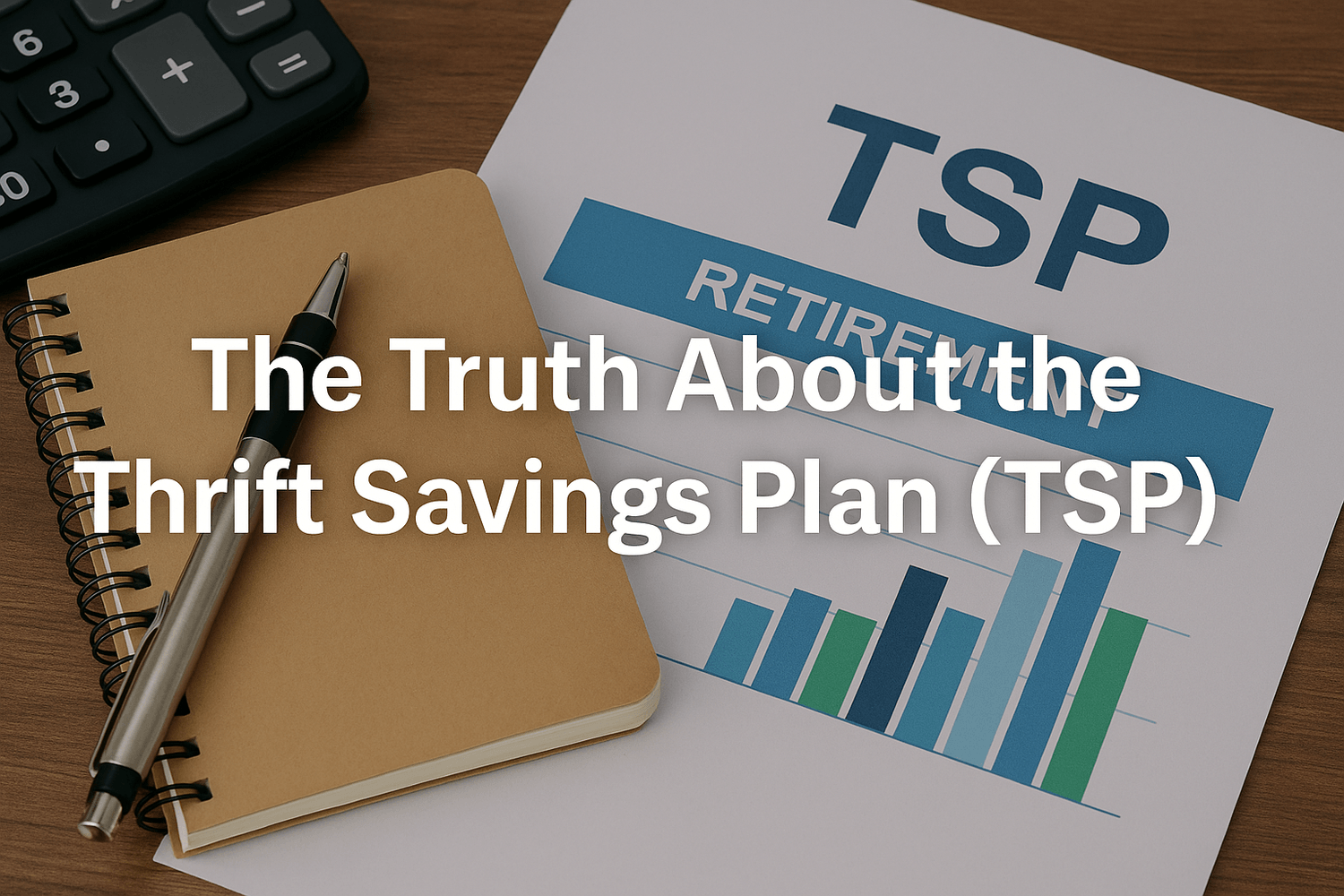 Notebook with pen beside a Thrift Savings Plan (TSP) retirement chart and calculator. Text overlay reads: The Truth About the Thrift Savings Plan (TSP).