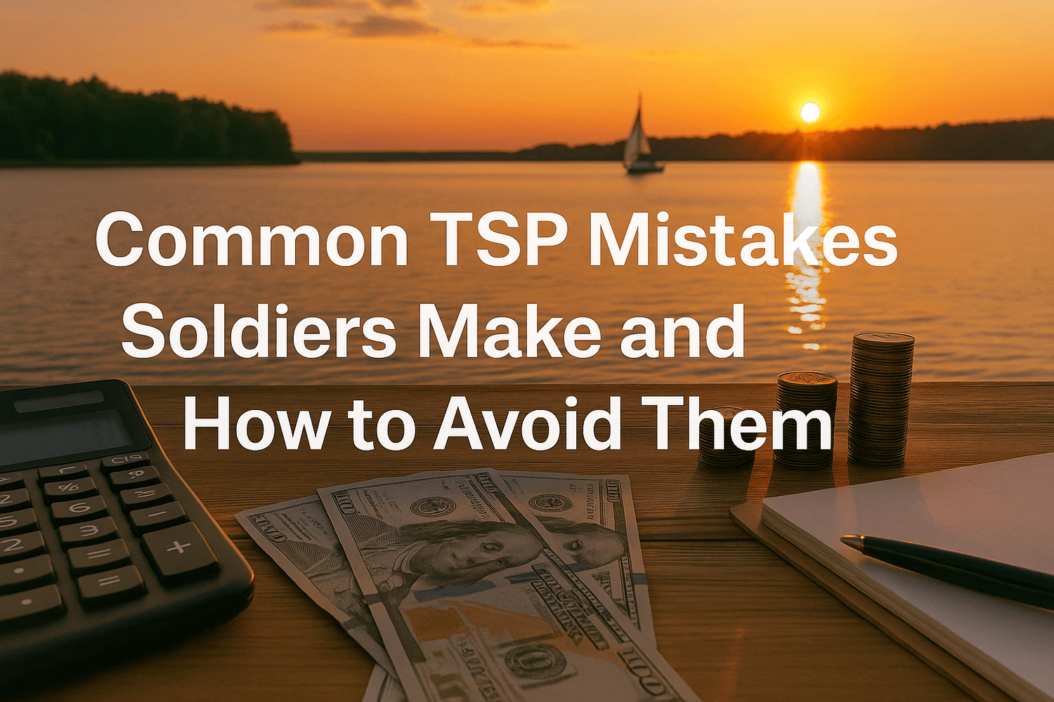 Calculator, US dollars, stacked coins, and notebook on a desk by a lake at sunset. Text overlay reads: Common TSP Mistakes Soldiers Make and How to Avoid Them.
