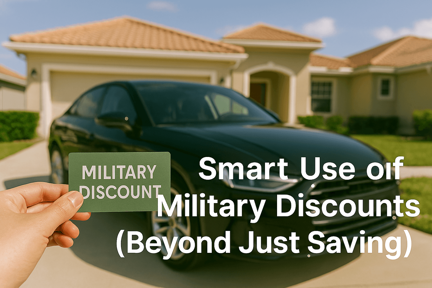 Hand holding a green military discount card in front of a black car parked in a driveway with a house in the background. Text overlay reads: Smart Use of Military Discounts (Beyond Just Saving).