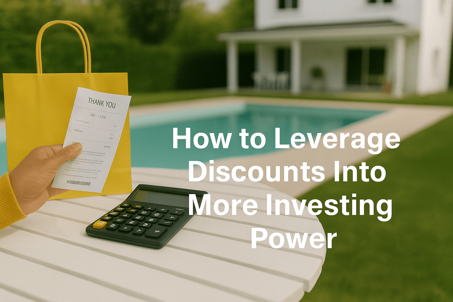 Hand holding a shopping receipt next to a yellow bag and calculator on a white table by a backyard pool with a house in the background. Text overlay reads: How to Leverage Discounts Into More Investing Power.