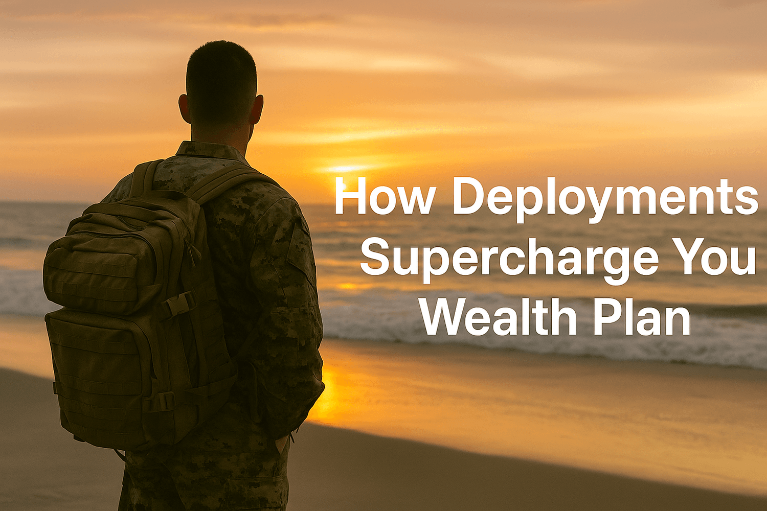 Soldier wearing a backpack standing on the beach at sunset, looking at the ocean. Text overlay reads: How Deployments Supercharge Your Wealth Plan.