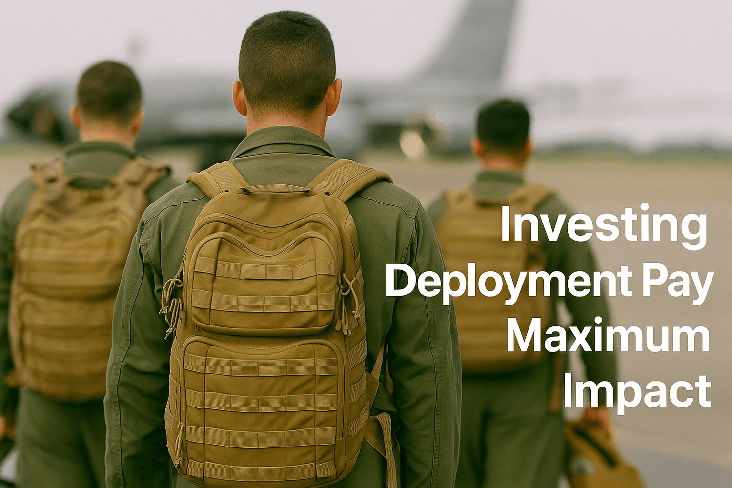 Three soldiers wearing backpacks walking toward a military aircraft on the runway. Text overlay reads: Investing Deployment Pay Maximum Impact.