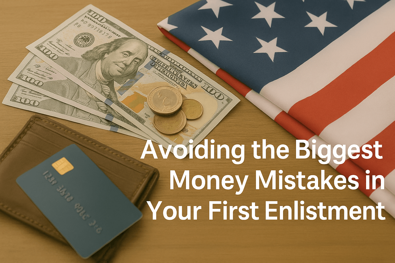 Close-up of U.S. dollars, coins, a credit card in a wallet, and a folded American flag on a wooden table. Text overlay reads: Avoiding the Biggest Money Mistakes in Your First Enlistment.
